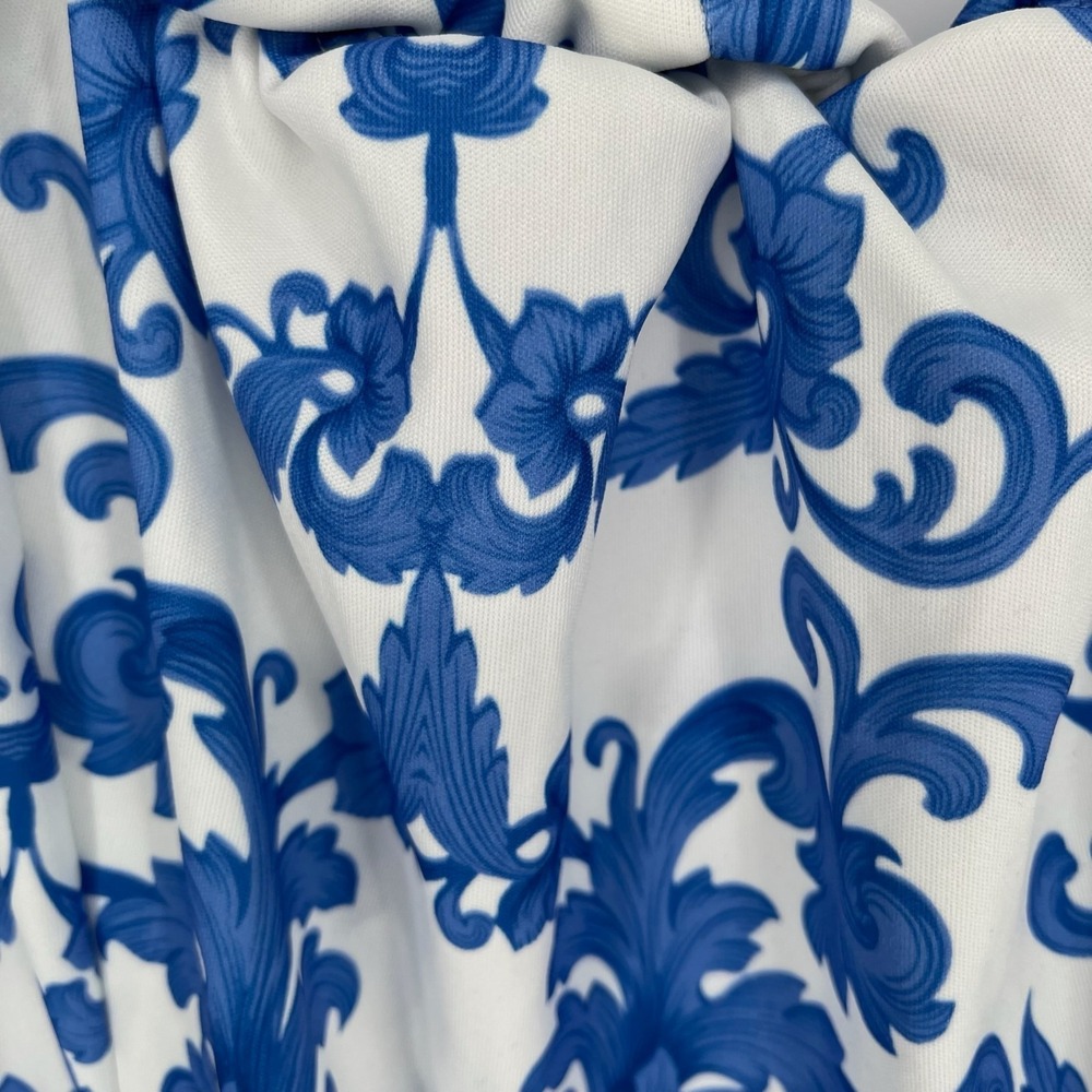 Shein Women's Blue White Baroque Off Shoulder Ruched Bodycon Mini Dress Size 2XL - Picture 3 of 5